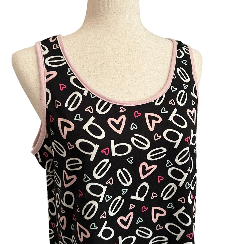 Bebe Y2K Logo Heart Print Tank Top Black Pink Graphic Mall Core McBling Size L